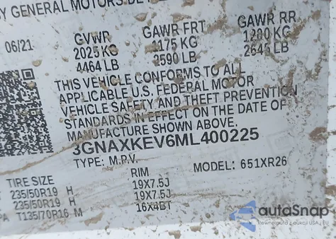 2021 Chevrolet Equinox Fwd Lt from USA, damaged, VIN 3GNAXKEV6ML400225